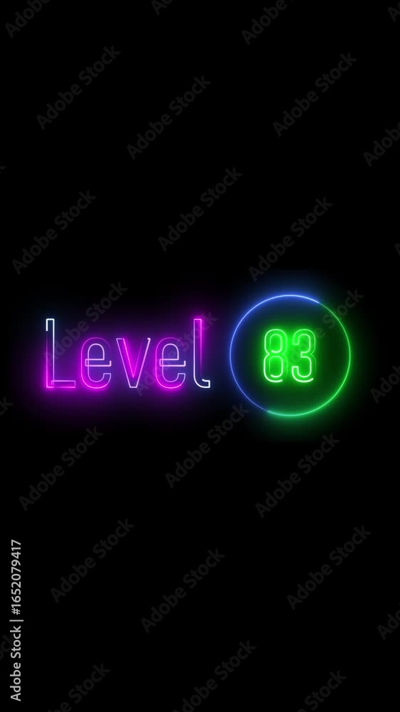 Poster level eighty three glowing in bright neon. clean dark background. vertical video. neon glow display 