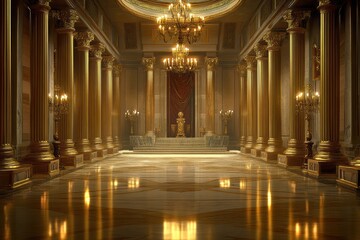Fototapeta premium Elegant golden ballroom with chandeliers 