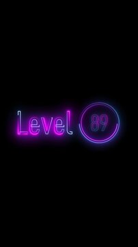 Level eighty nine animated in vibrant neon. Minimal background. Vertical video. Animated neon sign displaying level 89 with bright glowing effects on black background.
