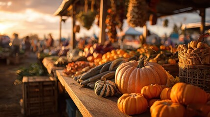 Autumn harvest at farmer's market at sunset, showcasing various vegetables. Perfect for ads related to fall, Thanksgiving, and local food initiatives.