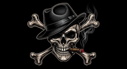 Skull Wearing Black Fedora Hat Smoking Cigar with Crossed Bones on Dark Background
