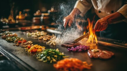 Teppanyaki chef cooking steak and fresh vegetables with fire. Showcase culinary skills or promote teppanyaki restaurants.