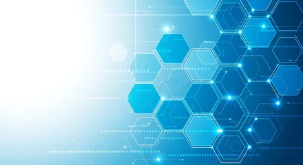 Abstract digital network technology background with hexagonal shapes and glowing particles in blue tones