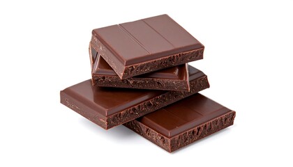 Close-up shot of rich dark chocolate pieces, stacked elegantly on a white background, showcasing a luxurious and decadent mood, perfect for food and beverage advertising.