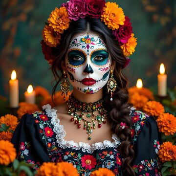 Foto de una hermosa mujer con pintura facial colorida del D&iacute;a de los Muertos, Catrina
