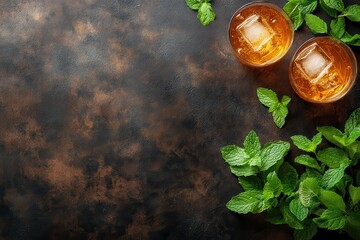 Two cocktails with mint on a dark, textured surface, high angle view. Perfect for a bar menu, drink blog, or promoting happy hour specials.