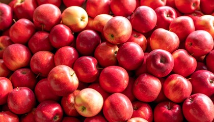 Close-up shot of a pile of vibrant red apples, showcasing their juicy texture and healthy appeal; perfect for fresh produce, food, and health-related marketing.