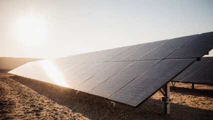 Solar panels installed on a solar farm reflecting sunlight on dry soil during daytime for renewable energy generation in an open landscape with clear sky