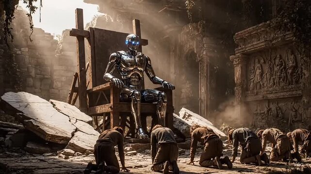 People kneeling, worship a huge robot sitting on a throne. Evolution of religion in future.