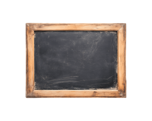 A black chalkboard with an wooden frame and a slightly worn surface