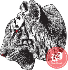 Tiger Head Profile, King of Jungle, Majestic Predator, Solitary Animal Vector, Side View T-shirt Design, Red Black White Colors.