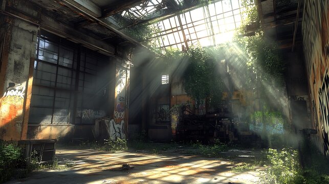 Overgrown greenery thrives in abandoned warehouse with sunlight filtering broken skylights graffiti covered walls decaying machinery for depicting urban exploration post apocalyptic scene concept