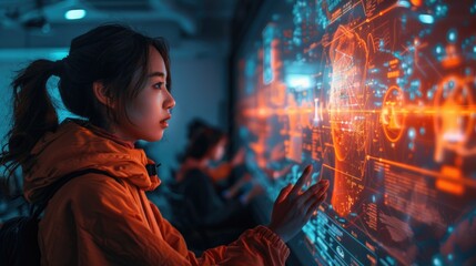 Obraz premium portrait of a young woman looking digital screen, future tech display