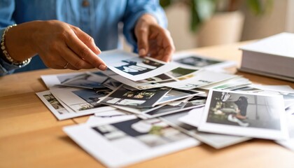 Person Reviewing Photos On Wooden Table