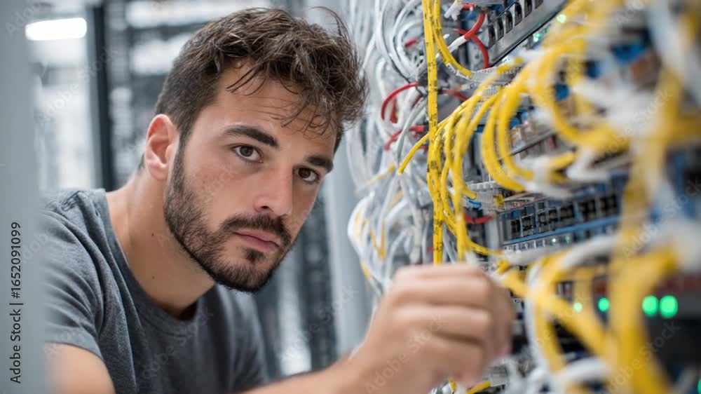 Poster Network Professional at Work: A focused network technician meticulously examines intricate server connections, demonstrating expertise and precision in a modern data center environment.