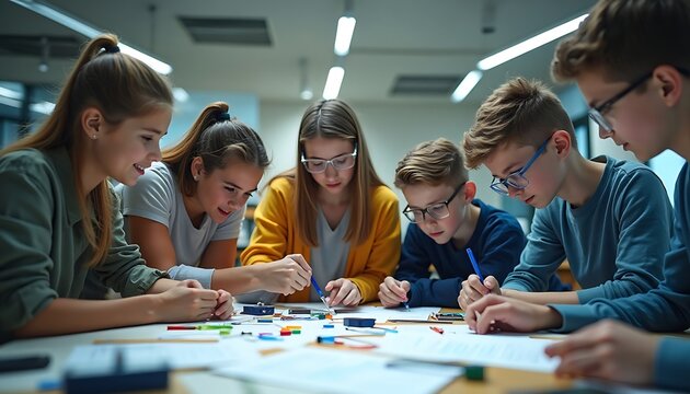 Students Collaborating on Project at Table During Class - Powered by Adobe