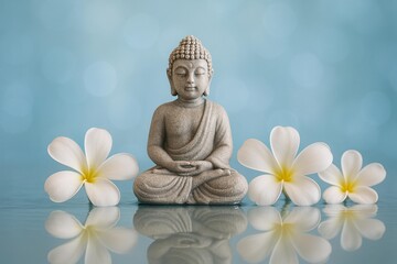 Tranquil Buddha Statue with Frangipani Flowers on Reflective Surface in Peaceful Setting