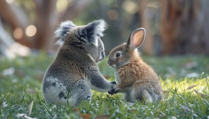 Animal Theme, A cute koala bear cub and a cute rabbit cub sitting in the grass holding hands