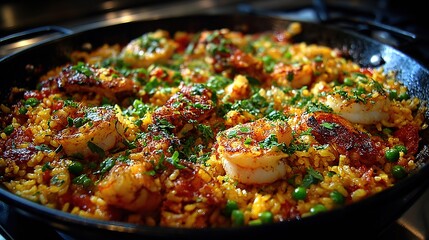 Paella Cooking on a Pan: Brown and Gold Rice Being Cooked