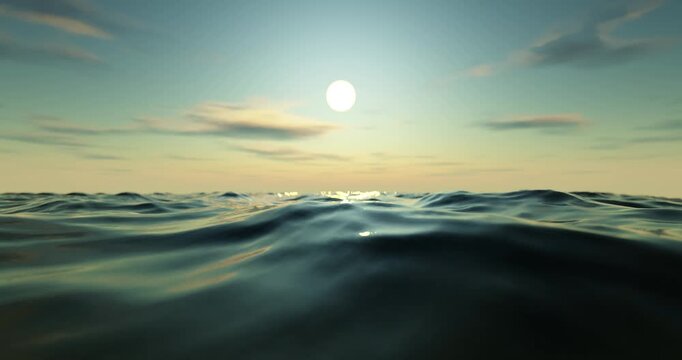 Wave sea beach and sunset sky abstract background. Nature and summer concept. 3d render.	