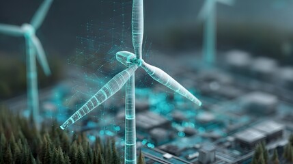 Futuristic Wind Turbine with Digital Technology Overlay Concept