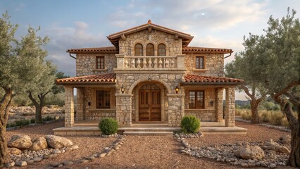 Fototapeta premium Charming exterior of a single old stone house in traditional Mediterranean style, with rustic garden terrace, rocky soil, and surrounded by graceful ancient olive trees
