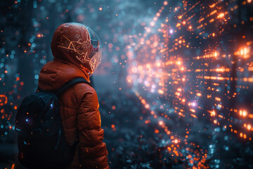 An explorer in a futuristic helmet with a neural interface walks through a forest of glowing data. Human augmentation for navigating and interpreting complex digital or natural environments.
