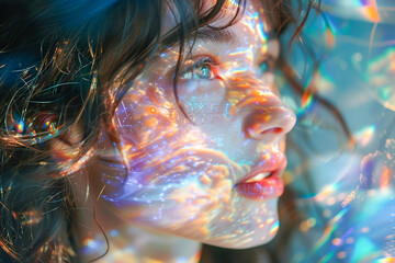 A beautiful portrait of a woman with prismatic, sparkling light projected on her face. A concept for technologically enhanced senses, a futuristic aesthetic, and the augmentation of human perception.