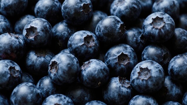 Close-up of fresh ripe blueberries with a deep blue color and natural bloom, tightly packed and filling the frame with a vibrant and succulent appearance.