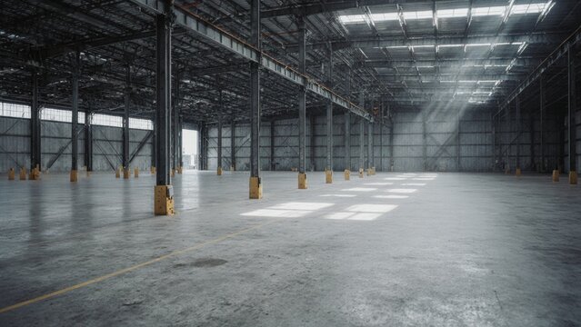 Empty large industrial warehouse interior with high ceilings metal beams and support columns bright natural light streaming through skylights concrete floor no active machinery or people