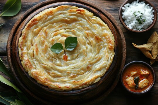 Crispy Kerala parotta served with rice and chicken curry on a wooden table. Showcase South Indian cuisine, suitable for restaurant menus or blog posts.