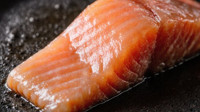 Close-up of a fresh raw salmon fillet with shiny orange-pink flesh on a dark surface, showing fine texture and natural marbling, ideal for cooking or sushi preparation