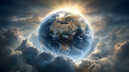 Earth suspended amidst ethereal clouds.