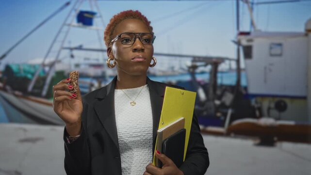 Woman holding snackbar, yellow folder and clipboard wears eyeglasses at a boat port under bright sunlight; determination.