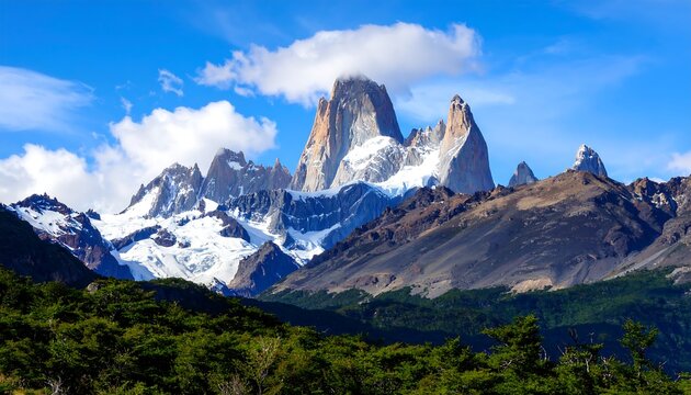 Majestic snow-capped mountain range under a vibrant blue sky, partially obscured by fluffy clouds, viewed from a lush valley