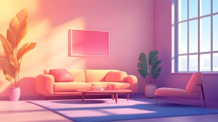 Modern Living Room with Soft Pastel Colors and Large Windows