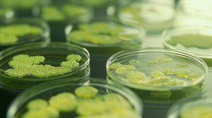 Petri dishes with green algae