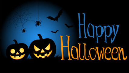 Halloween background with bats, spiders on web, pumpkins and creepy inscription 