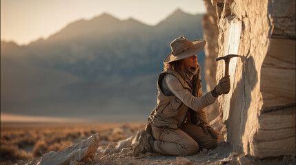 Female Geologist with Field Gear Collecting Canyon Rock Samples at Desert Landscape