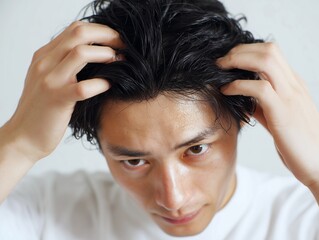 髪をかき上げる日本人男性