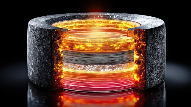 Abstract depiction of a cross-section of a futuristic core with glowing elements and textured surfaces against a dark background