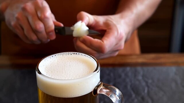 Bartender Carving Radish Flower Garnish on Beer Stein with Creamy Foam, Close Up of Hands and Knife in Intimate Countertop Setting