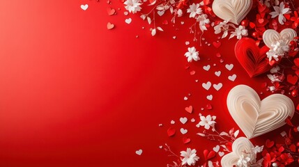 Red background with hearts, petals and paper hearts on the right side. Use for Valentine's, weddings, or any occasion needing a loving background.