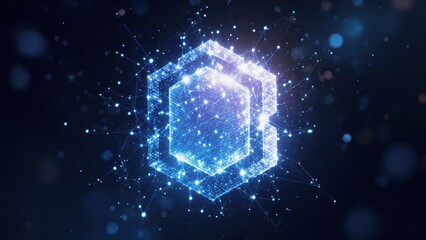 Futuristic digital hologram hexagon pattern with glowing blue lines and connecting network points over dark space background with bokeh lights digital concept