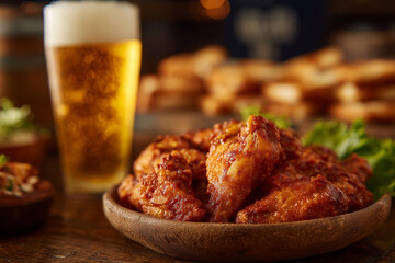 A plate of fried chicken is on a table next to a glass of beer