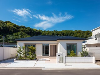 青空の下の新築平屋住宅