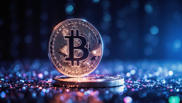 Bitcoin coin stacked on other coins illuminated by colorful bokeh lights with a glowing digital effect on a dark background cryptocurrency digital currency blockchain technology