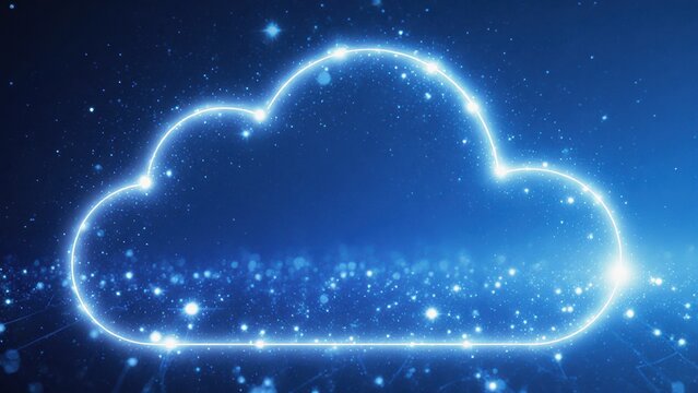 Cloud outline glowing with bright light in dark night sky filled with stars and digital particles representing cloud computing and data storage concept