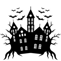 Spooky halloween house. Black silhouette of a creepy house or castle, trees and bats. Halloween, horror, spooky, haunted element design for card, print, sticker, decoration, banner, poster, laser, etc