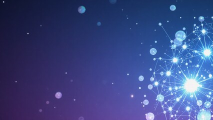 Bright glowing interconnected network of nodes and lines representing digital technology or data connections with a blue and purple cosmic background ideal for technology or science themes